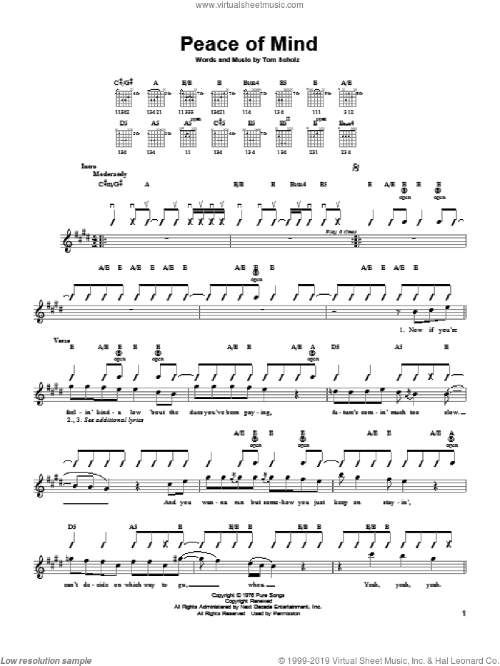 Peace Of Mind sheet music for guitar solo (chords) by Boston and Tom Scholz, easy guitar (chords)