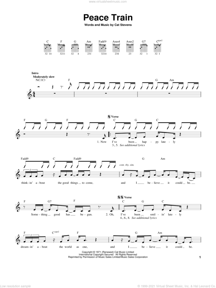 Peace Train sheet music for guitar solo (chords) by Cat Stevens, easy guitar (chords)