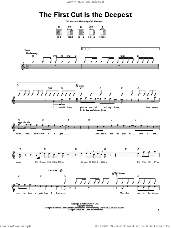 The First Cut Is The Deepest sheet music for guitar solo (chords) by Sheryl Crow, Rod Stewart and Cat Stevens, easy guitar (chords)