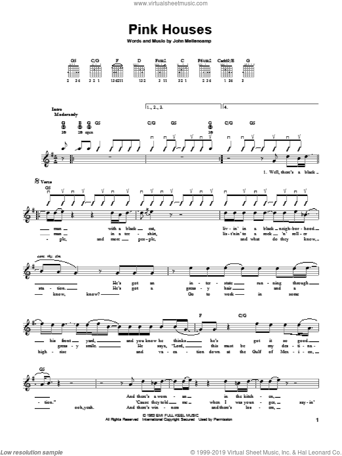 Pink Houses sheet music for guitar solo (chords) by John Mellencamp, easy guitar (chords)