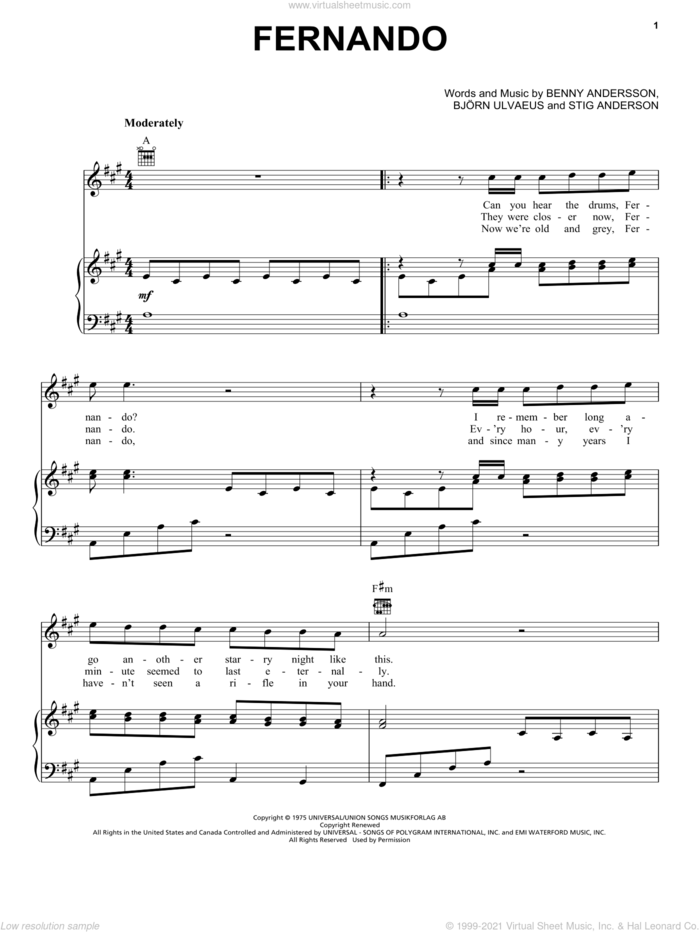 Fernando sheet music for voice, piano or guitar by ABBA, Benny Andersson, Bjorn Ulvaeus and Stig Anderson, intermediate skill level