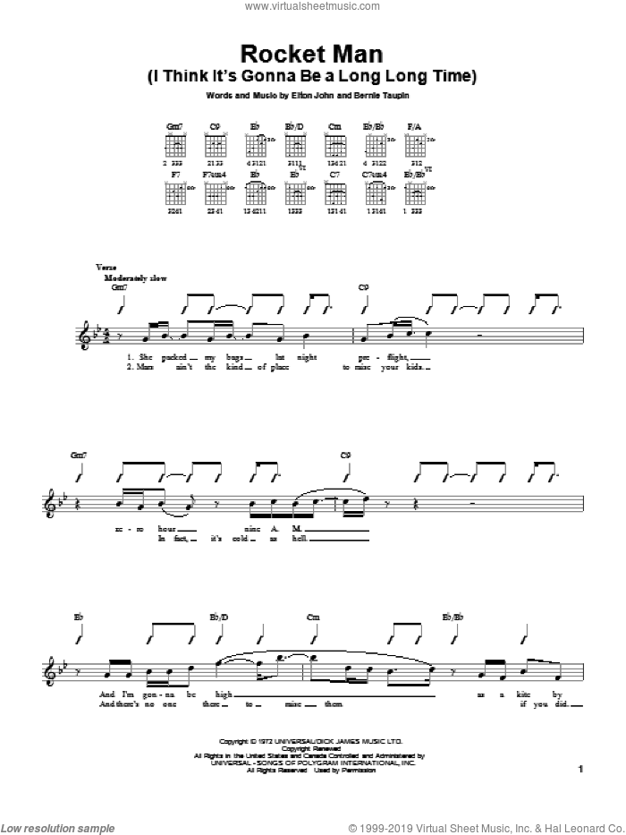 Rocket Man (I Think It's Gonna Be A Long Long Time) sheet music for guitar solo (chords) by Elton John and Bernie Taupin, easy guitar (chords)