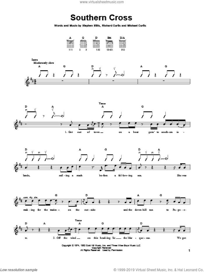 Southern Cross sheet music for guitar solo (chords) by Crosby, Stills & Nash, Michael Curtis, Richard Curtis and Stephen Stills, easy guitar (chords)