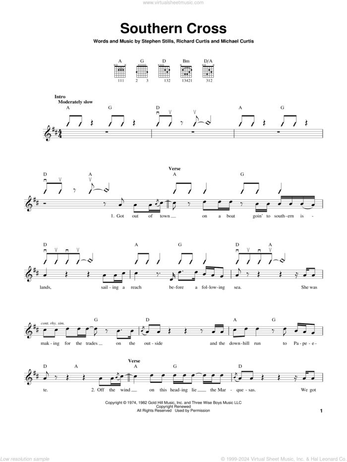 Southern Cross sheet music for guitar solo (chords) by Crosby, Stills & Nash, Michael Curtis, Richard Curtis and Stephen Stills, easy guitar (chords)