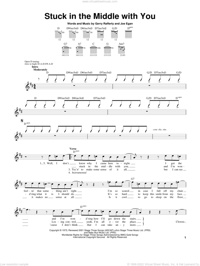 Stuck In The Middle With You sheet music for guitar solo (chords) by Stealers Wheel, Gerry Rafferty and Joe Egan, easy guitar (chords)