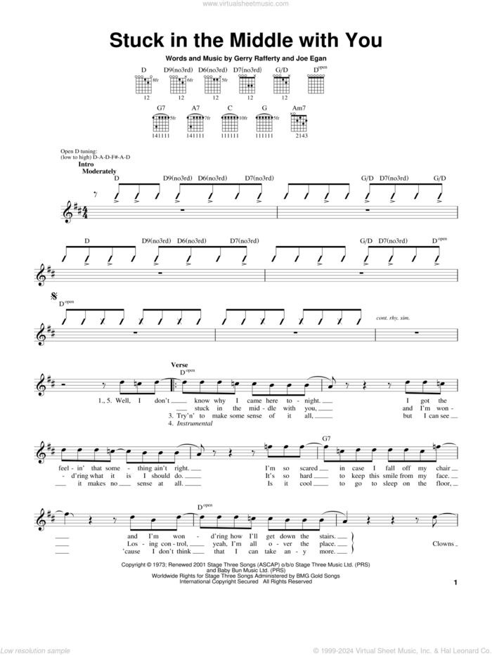 Stuck In The Middle With You sheet music for guitar solo (chords) by Stealers Wheel, Gerry Rafferty and Joe Egan, easy guitar (chords)