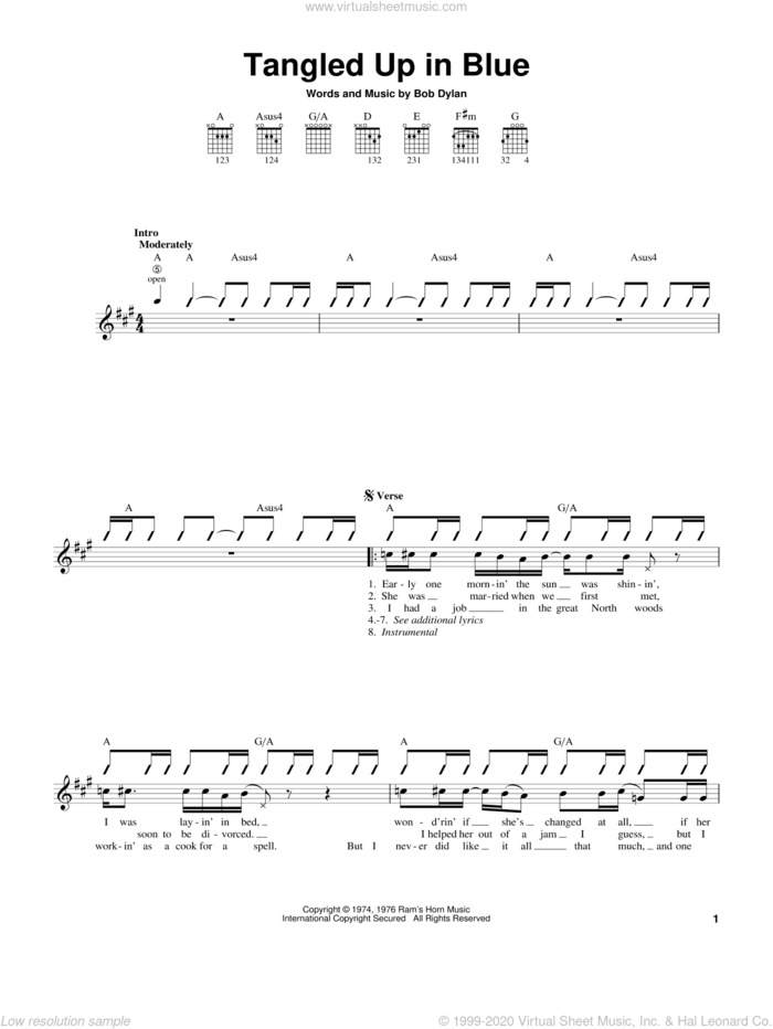 Tangled Up In Blue sheet music for guitar solo (chords) by Bob Dylan, easy guitar (chords)