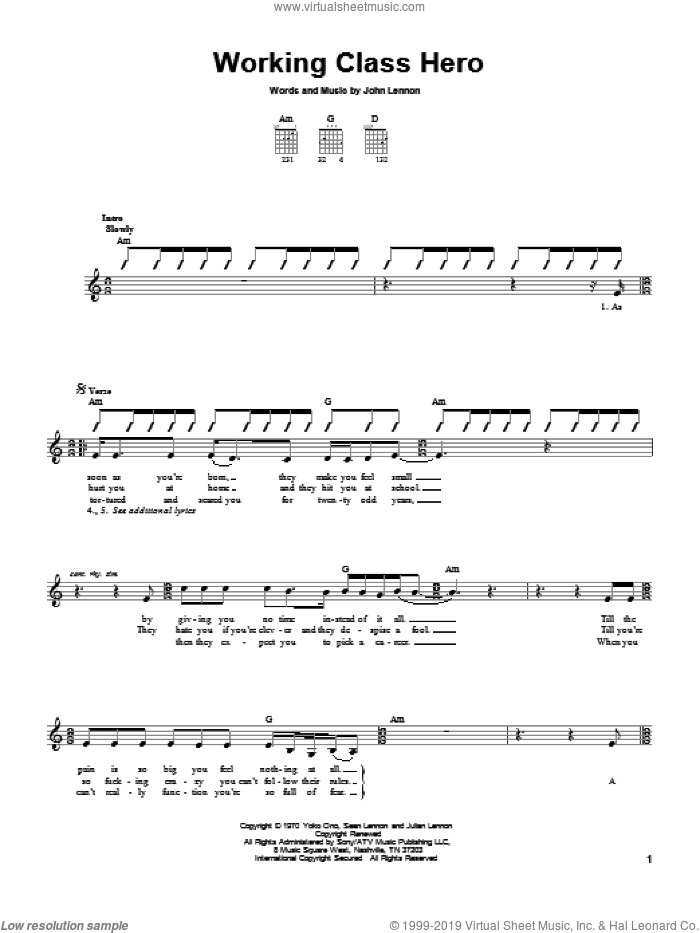 Working Class Hero sheet music for guitar solo (chords) by Green Day and John Lennon, easy guitar (chords)