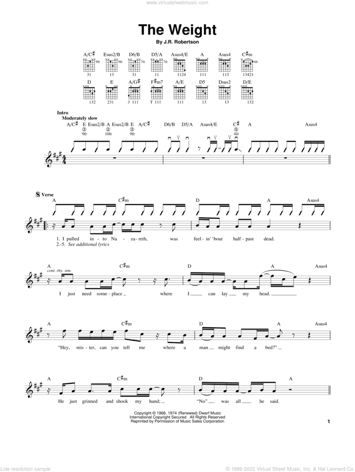 The Weight sheet music for guitar solo (chords) by The Band and Robbie Robertson, easy guitar (chords)