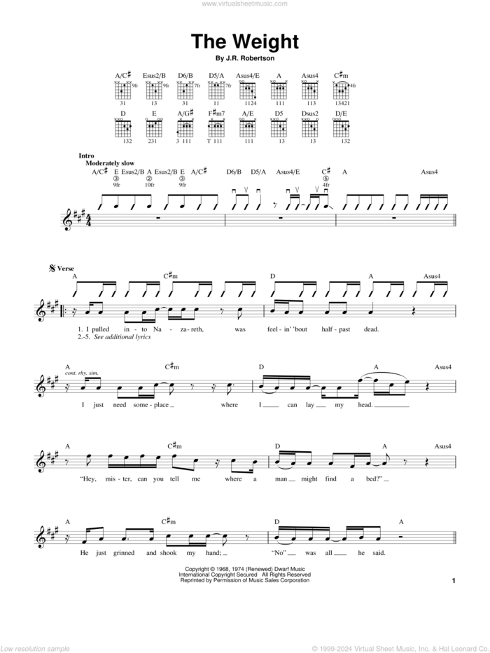 The Weight sheet music for guitar solo (chords) by The Band and Robbie Robertson, easy guitar (chords)