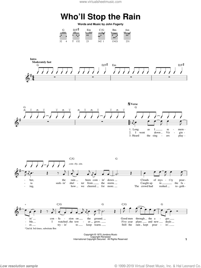 Who'll Stop The Rain sheet music for guitar solo (chords) by Creedence Clearwater Revival and John Fogerty, easy guitar (chords)