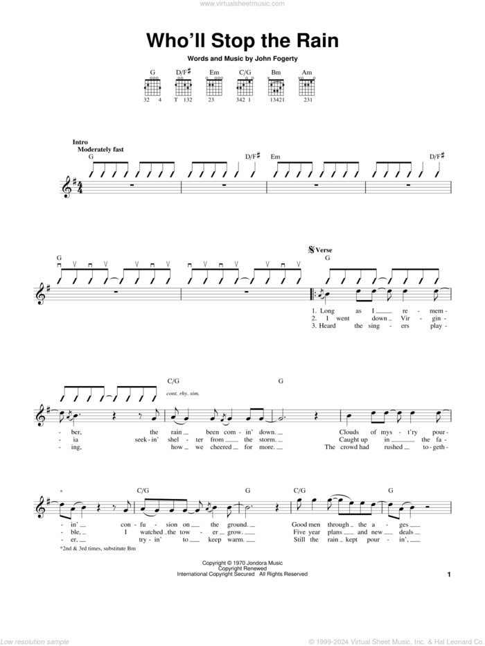 Who'll Stop The Rain sheet music for guitar solo (chords) by Creedence Clearwater Revival and John Fogerty, easy guitar (chords)