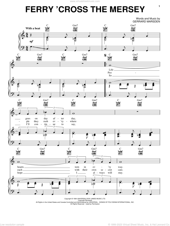 Ferry 'Cross The Mersey sheet music for voice, piano or guitar by Gerry & The Pacemakers, Peter Gill and Gerry Marsden, intermediate skill level