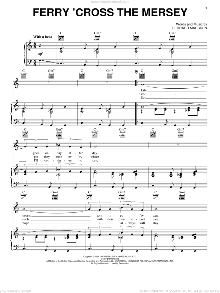 Ferry 'Cross The Mersey sheet music for voice, piano or guitar by Gerry & The Pacemakers, Peter Gill and Gerry Marsden, intermediate skill level