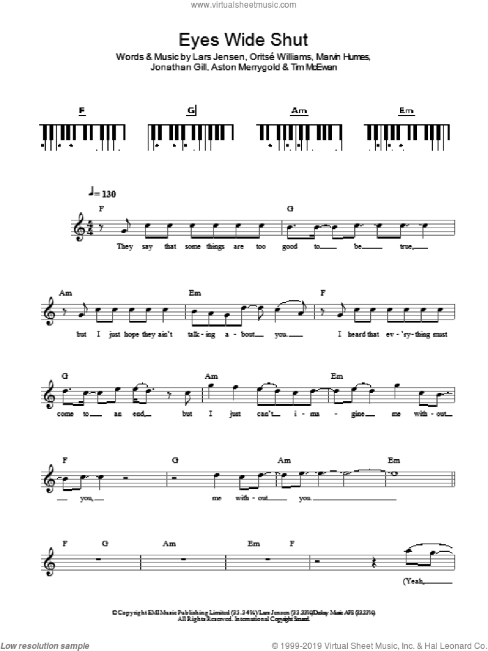 Eyes Wide Shut sheet music for piano solo (chords, lyrics, melody) by JLS, Aston Merrygold, Jonathan Gill, Lars Jensen, Marvin Humes, Oritse Williams and Tim McEwan, intermediate piano (chords, lyrics, melody)
