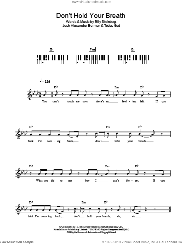 Don't Hold Your Breath sheet music for piano solo (chords, lyrics, melody) by Nicole Scherzinger, Billy Steinberg, Josh Alexander Berman and Toby Gad, intermediate piano (chords, lyrics, melody)