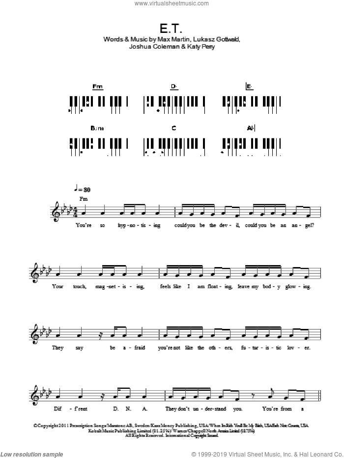 E.T. sheet music for piano solo (chords, lyrics, melody) by Katy Perry, Joshua Coleman, Lukasz Gottwald and Max Martin, intermediate piano (chords, lyrics, melody)