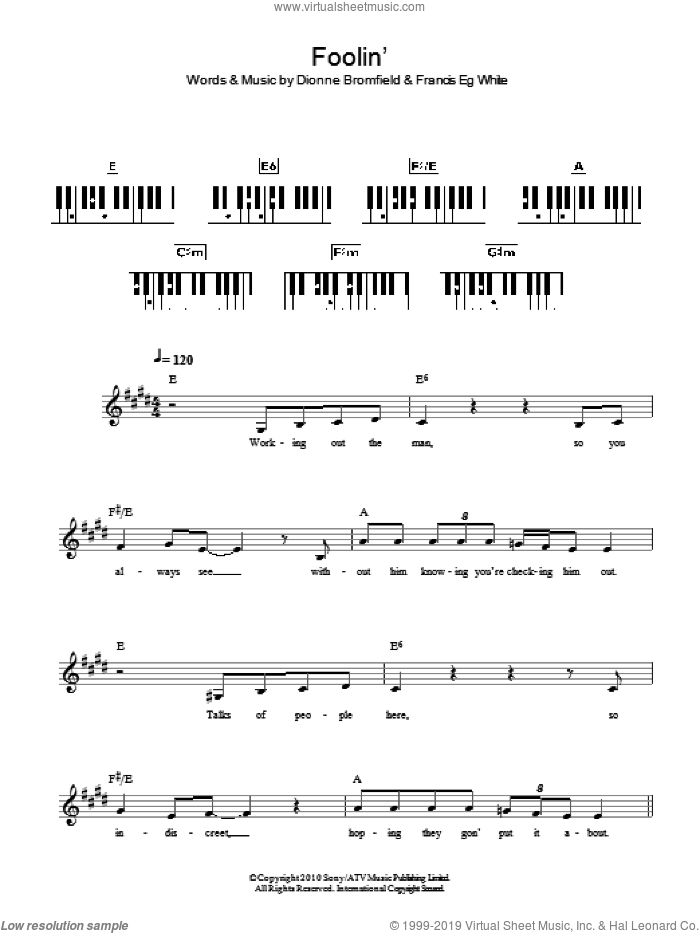 Foolin' sheet music for piano solo (chords, lyrics, melody) by Dionne Bromfield and Francis White, intermediate piano (chords, lyrics, melody)
