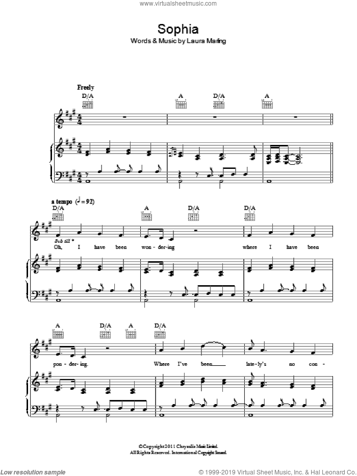 Sophia sheet music for voice, piano or guitar by Laura Marling, intermediate skill level