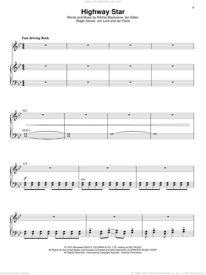 Highway Star sheet music for voice and piano by Deep Purple, Ian Gillan, Ian Paice, Jon Lord, Ritchie Blackmore and Roger Glover, intermediate skill level