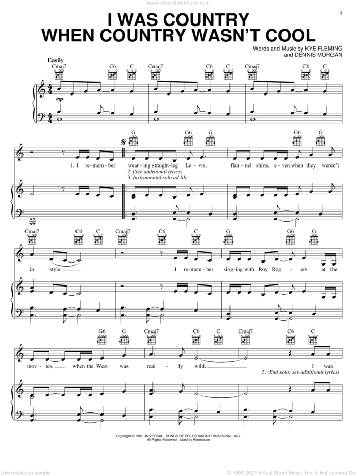 I Was Country When Country Wasn't Cool sheet music for voice, piano or guitar by Barbara Mandrell, Dennis Morgan and Kye Fleming, intermediate skill level