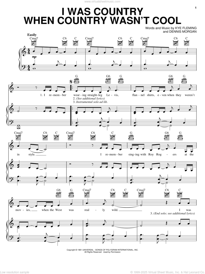 I Was Country When Country Wasn't Cool sheet music for voice, piano or guitar by Barbara Mandrell, Dennis Morgan and Kye Fleming, intermediate skill level