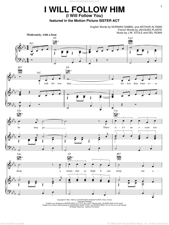 I Will Follow Him (I Will Follow You) sheet music for voice, piano or guitar by Little Peggy March, Arthur Altman, Del Roma, J.W. Stole, Jacques Plante and Norman Gimbel, intermediate skill level