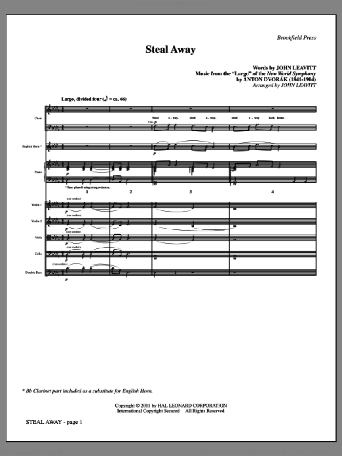 Steal Away (Steal Away To Jesus) sheet music for orchestra/band by Antonin Dvorak and John Leavitt, intermediate skill level