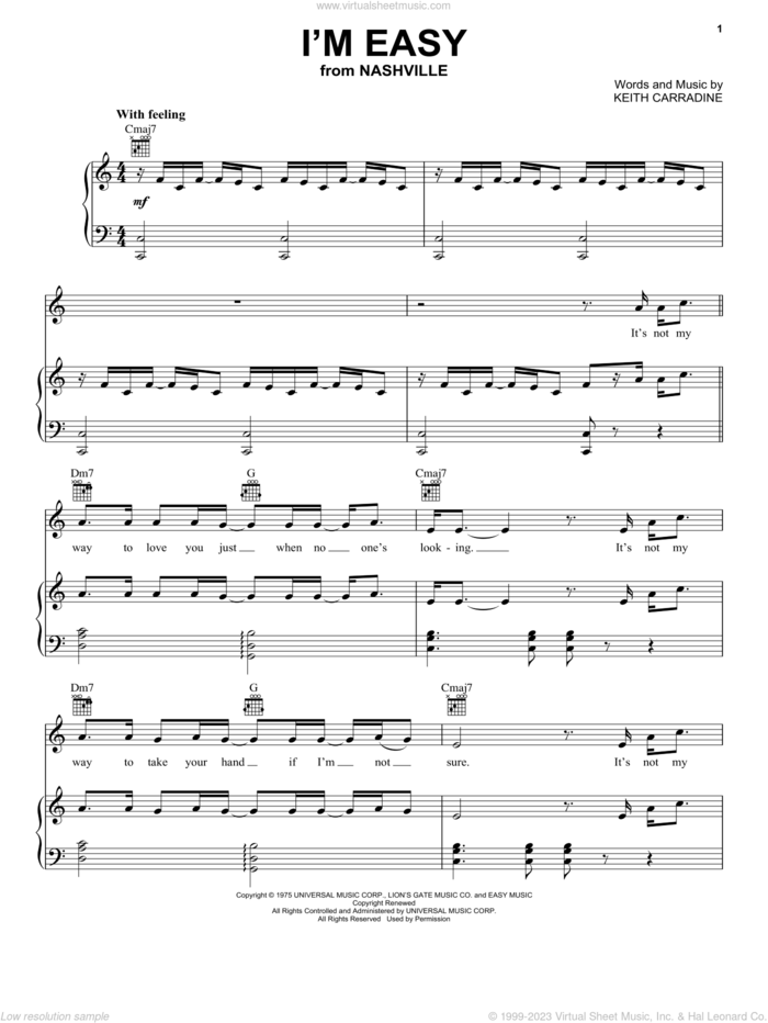 I'm Easy sheet music for voice, piano or guitar by Keith Carradine, intermediate skill level
