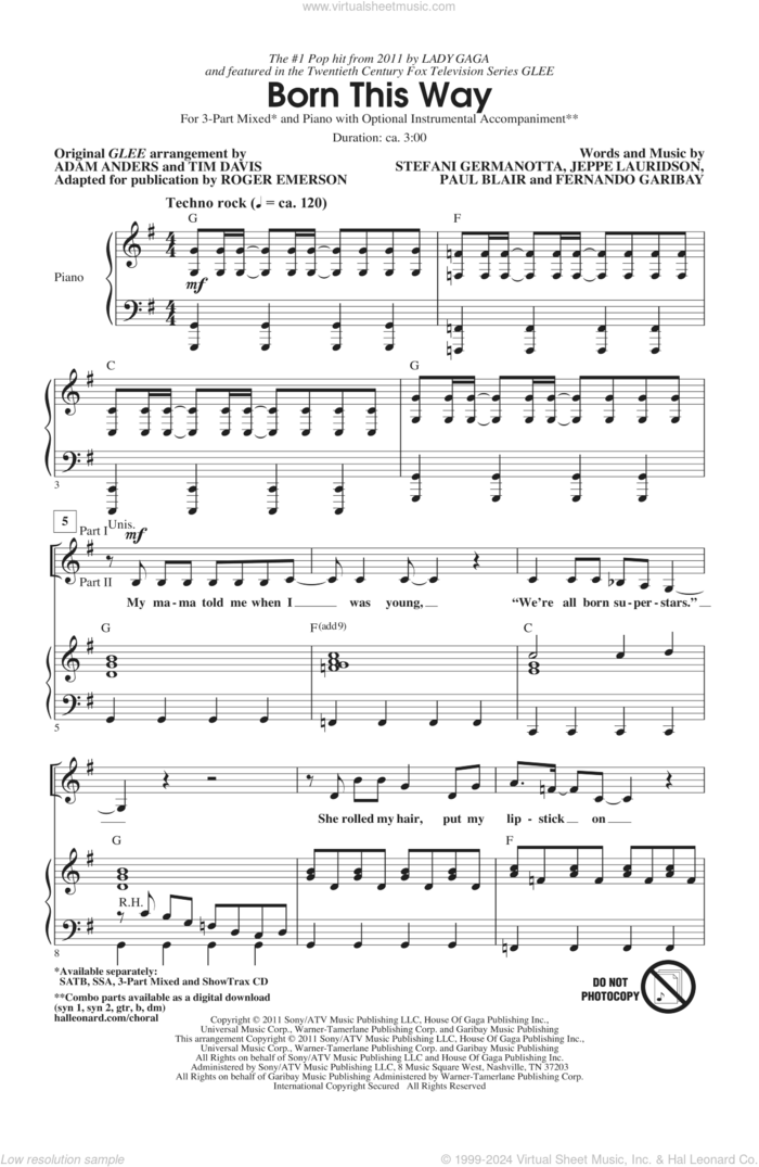 Born This Way sheet music for choir (3-Part Mixed) by Lady Gaga, Fernando Garibay, Jeppe Laursen, Paul Blair, Adam Anders, Glee Cast, Roger Emerson and Tim Davis, intermediate skill level