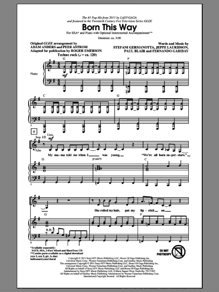 Born This Way sheet music for choir (SSA: soprano, alto) by Lady Gaga, Fernando Garibay, Jeppe Laursen, Paul Blair, Adam Anders, Glee Cast, Roger Emerson and Tim Davis, intermediate skill level