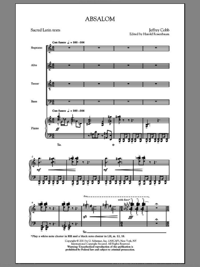 Absalom sheet music for choir (SATB: soprano, alto, tenor, bass) by Jeffrey Cobb and Harold Rosenbaum, intermediate skill level