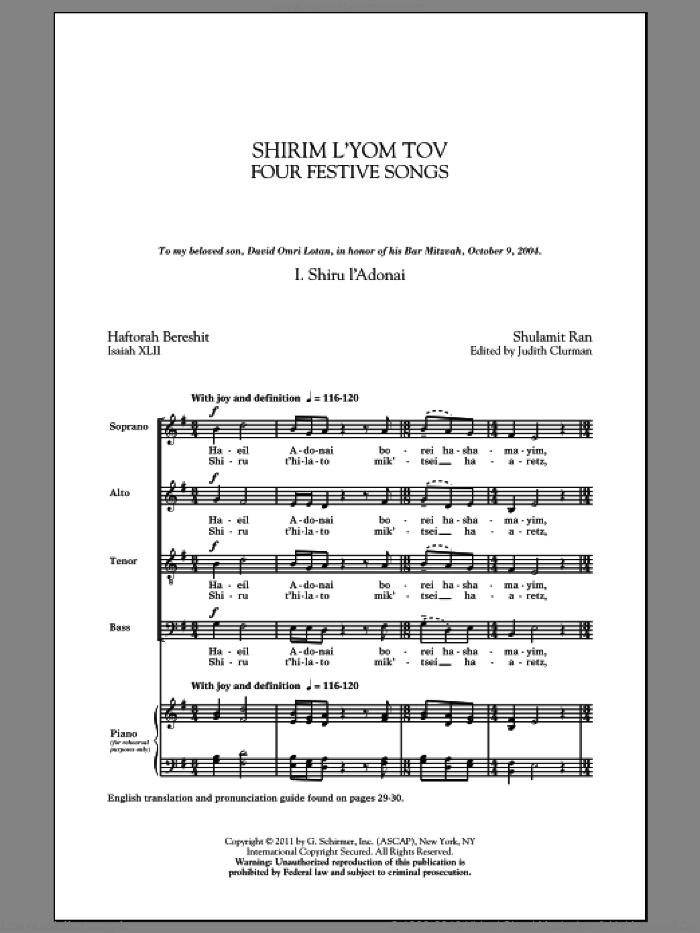 Shirim L'Yom Tov: Four Festive Songs sheet music for choir (SATB: soprano, alto, tenor, bass) by Shulamit Ran and Judith Clurman, intermediate skill level