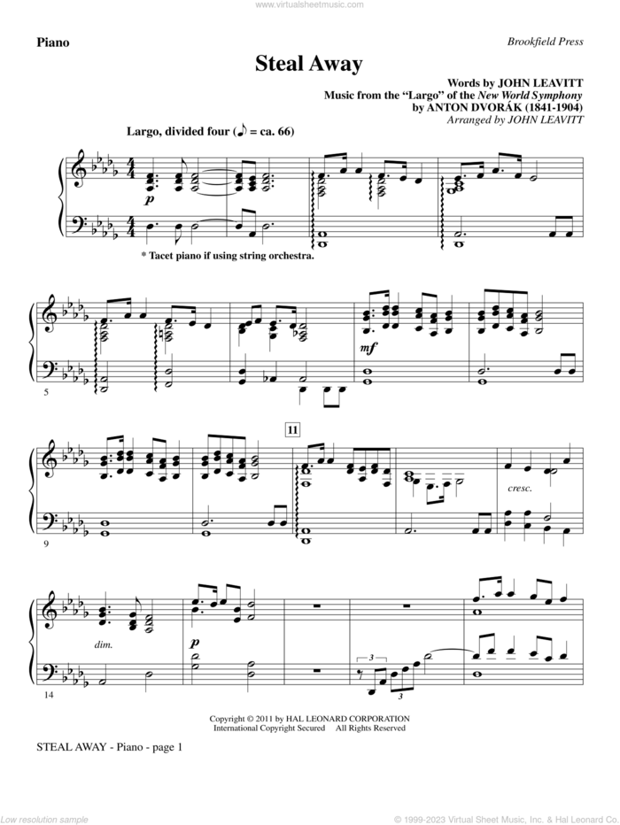 Steal Away (Steal Away To Jesus) sheet music for orchestra/band (piano) by Antonin Dvorak and John Leavitt, intermediate skill level