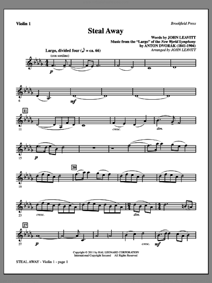 Steal Away (Steal Away To Jesus) sheet music for orchestra/band (violin 1) by Antonin Dvorak and John Leavitt, intermediate skill level