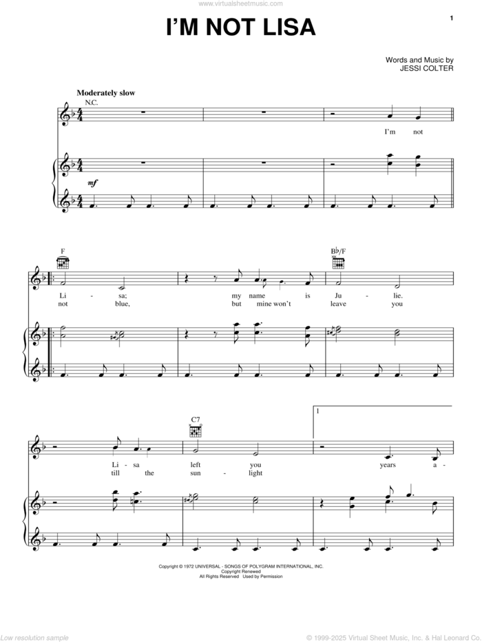 I'm Not Lisa sheet music for voice, piano or guitar by Jessi Colter and Marianne Faithfull, intermediate skill level