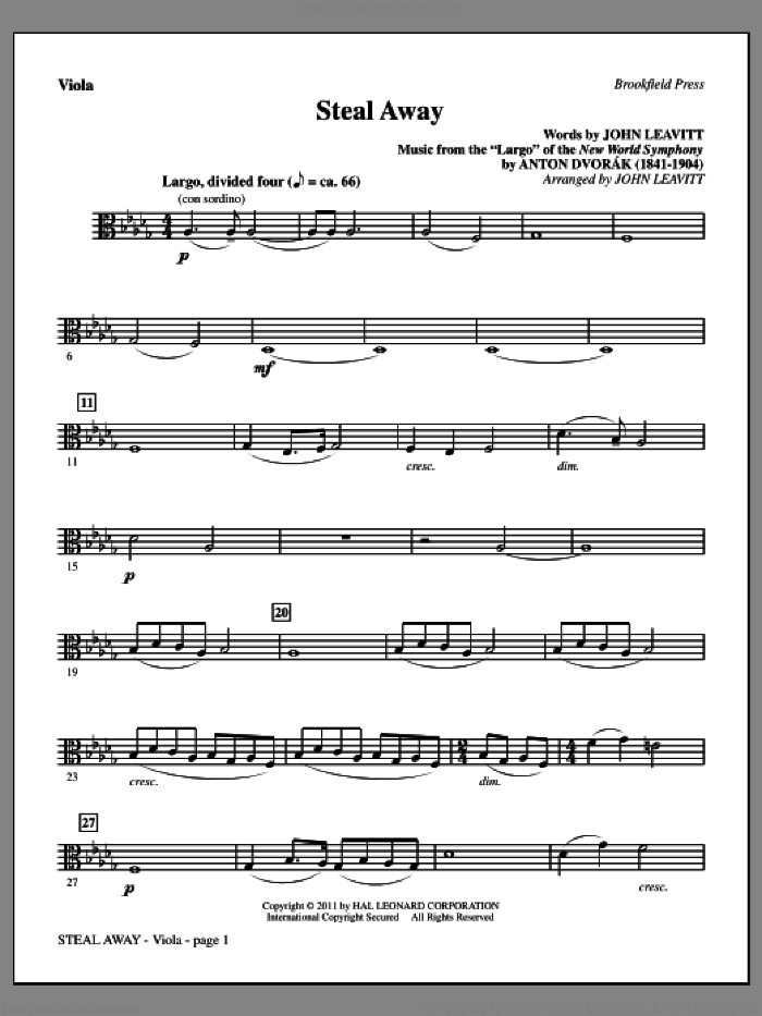 Steal Away (Steal Away To Jesus) sheet music for orchestra/band (viola) by Antonin Dvorak and John Leavitt, intermediate skill level