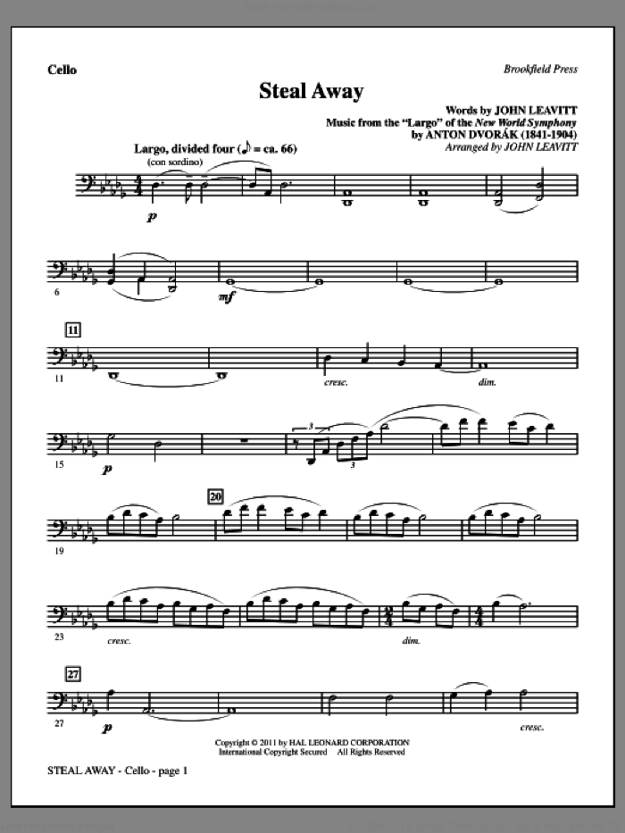 Steal Away (Steal Away To Jesus) sheet music for orchestra/band (cello) by Antonin Dvorak and John Leavitt, intermediate skill level