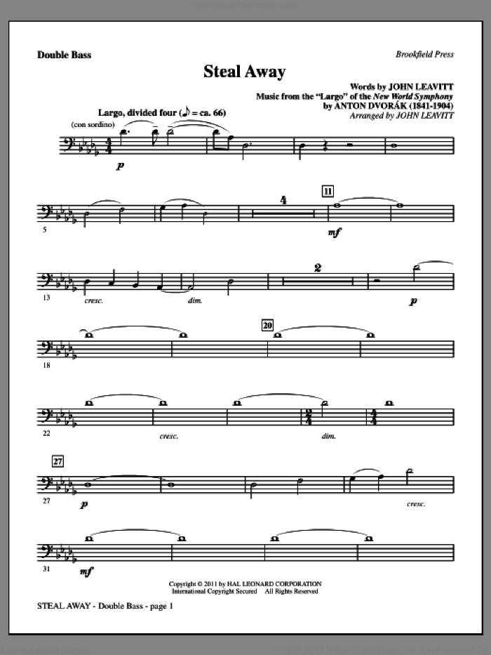 Steal Away (Steal Away To Jesus) sheet music for orchestra/band (double bass) by Antonin Dvorak and John Leavitt, intermediate skill level