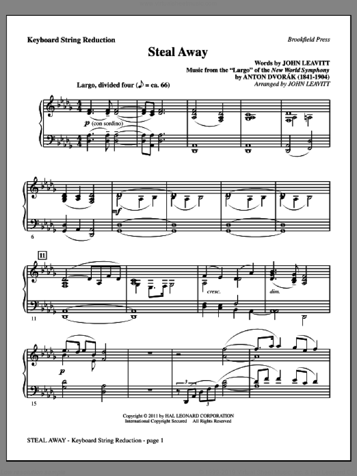 Steal Away (Steal Away To Jesus) sheet music for orchestra/band (keyboard string reduction) by Antonin Dvorak and John Leavitt, intermediate skill level