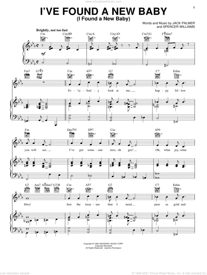 I've Found A New Baby (I Found A New Baby) sheet music for voice, piano or guitar by Benny Goodman, Django Reinhardt, Lionel Hampton, Nat King Cole, Sidney Bechet, Jack Palmer and Spencer Williams, intermediate skill level
