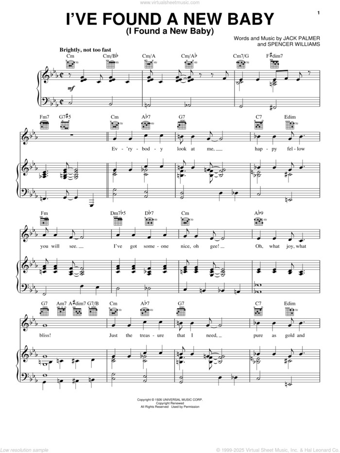 I've Found A New Baby (I Found A New Baby) sheet music for voice, piano or guitar by Benny Goodman, Django Reinhardt, Lionel Hampton, Nat King Cole, Sidney Bechet, Jack Palmer and Spencer Williams, intermediate skill level