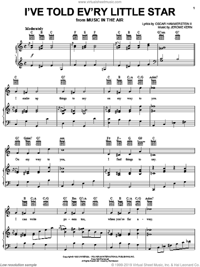 I've Told Ev'ry Little Star sheet music for voice, piano or guitar by Linda Scott, Jerome Kern and Oscar II Hammerstein, intermediate skill level