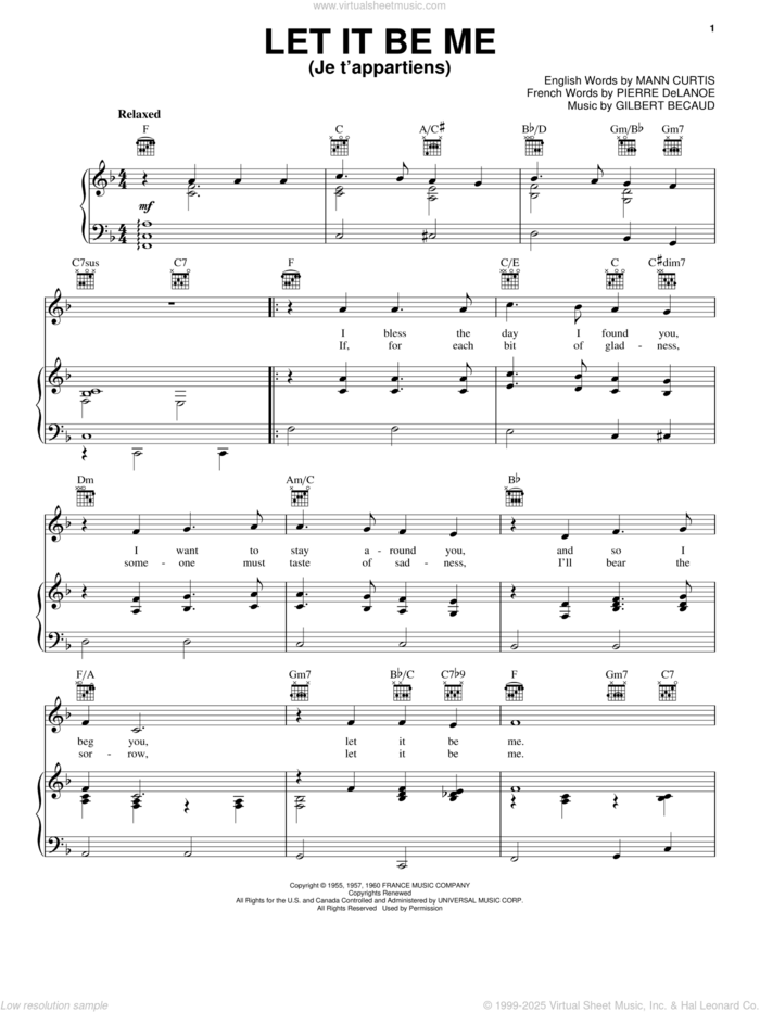 Let It Be Me (Je T'appartiens) sheet music for voice, piano or guitar by Elvis Presley, Gilbert Becaud, Mann Curtis and Pierre Delanoe, wedding score, intermediate skill level