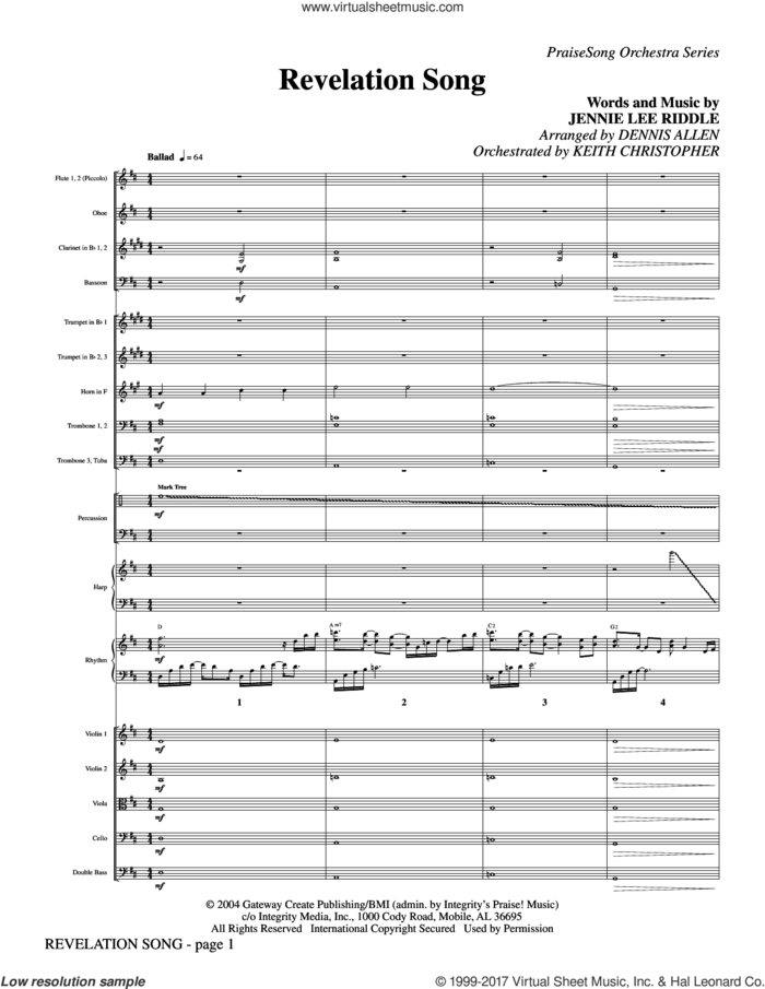 Revelation Song (complete set of parts) sheet music for orchestra/band (Orchestra) by Keith Christopher, Dennis Allen and Jennie Lee Riddle, intermediate skill level