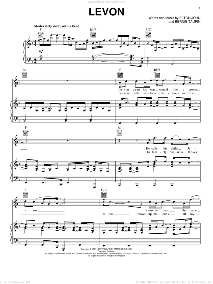 Levon sheet music for voice, piano or guitar by Elton John and Bernie Taupin, intermediate skill level