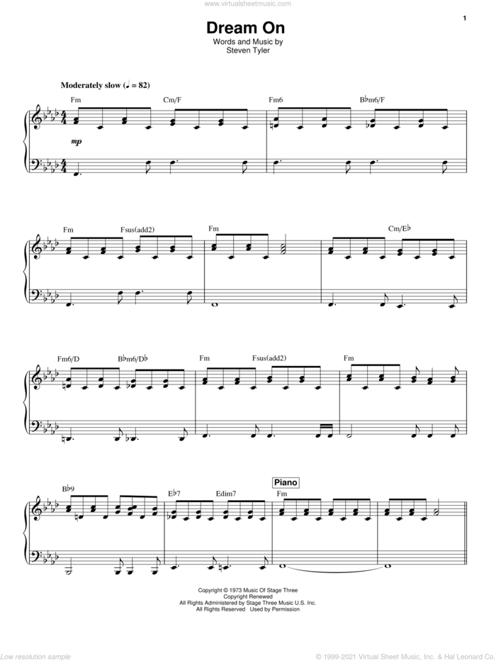 Dream On sheet music for voice and piano by Aerosmith and Steven Tyler, intermediate skill level