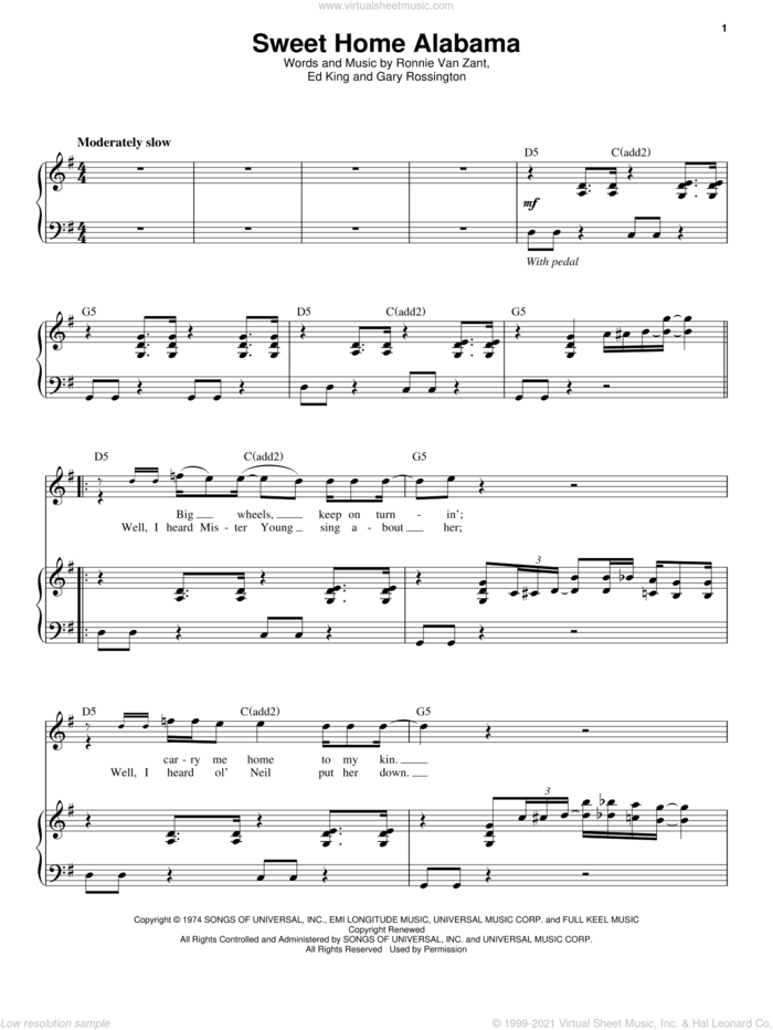 Sweet Home Alabama sheet music for voice and piano by Lynyrd Skynyrd, Alabama, Edward King, Gary Rossington and Ronnie Van Zant, intermediate skill level