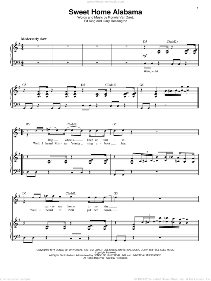 Sweet Home Alabama sheet music for voice and piano by Lynyrd Skynyrd, Alabama, Edward King, Gary Rossington and Ronnie Van Zant, intermediate skill level