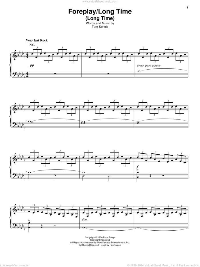 Foreplay/Long Time (Long Time) sheet music for voice and piano by Boston and Tom Scholz, intermediate skill level